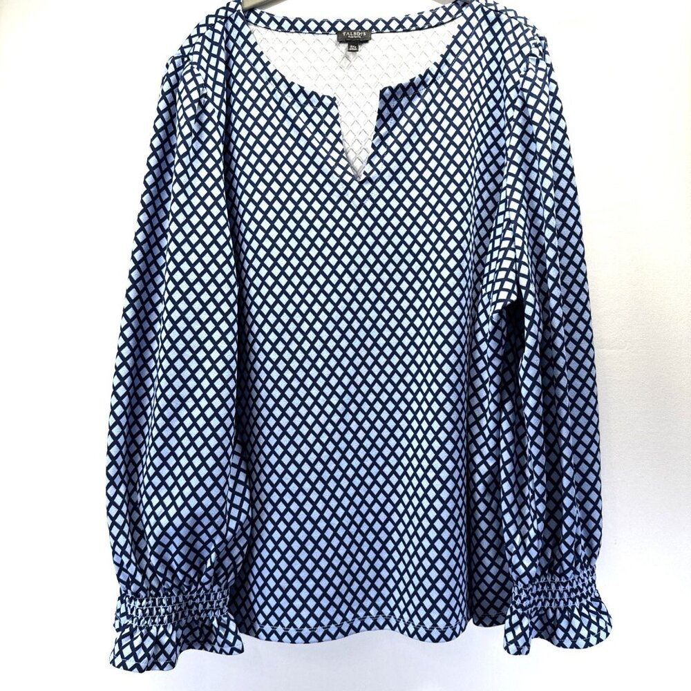 Talbots Womens Top Plus 3Xp Blue White Smocked Cuff Long Sleeve Pullover Peasant